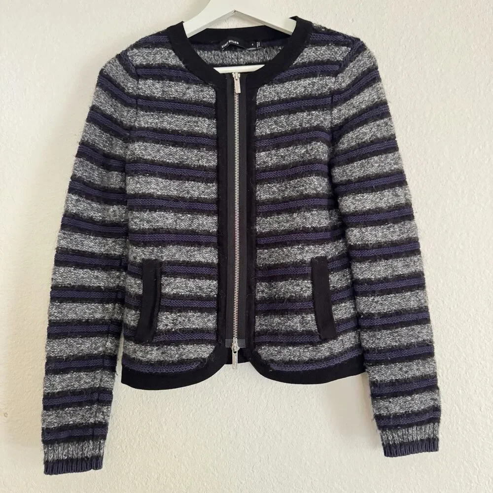 Karen Millen Cardigan Sz 4 Gray Black Blue Striped Cotton Mohair Blend Zip Pocke